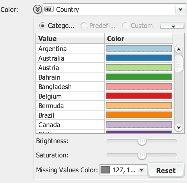 The color pane expanded with a categorical colormap